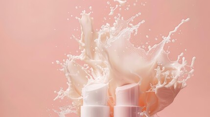 BB creams set against a cosmetic splash explosion isolated on a plain studio background, enhancing the products appeal in a pastel color, sharpen cosmetic style with copy space