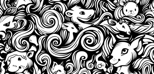 Wall Mural - Black and white doodle featuring loops, curls, and animal designs in a seamless pattern.