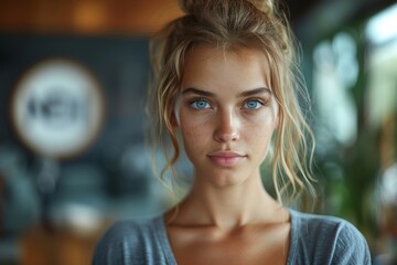 Wall Mural - A portrait of a young woman with striking blue eyes and a natural look Her freckles add character to the photo