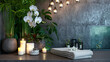 A table in a spa center adorned with flickering candles and a vase filled with fresh flowers. Spa center interior concept