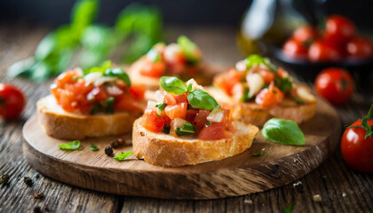 Italian bruschetta appetizer on rustic wooden board