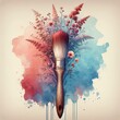A paintbrush with its bristles transformed into an assortment of blooming flowers is set against a vibrant backdrop of watercolor splashes 