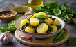 Traditional homestyle south Croatia vegan dish made with boiled potatoes, swiss chard leaves, garlic, and olive oil.