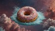 Compose an image of the donut immersed in a dreamy fantasy setting, with clouds of pastel nebulas enveloping its surface. Pay attention to the ultra-realistic details of the glaze-Ai Generative