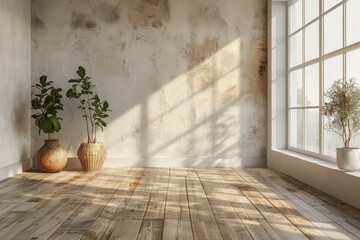 A cozy, empty room basked in sunlight featuring two potted plants and textured wooden flooring