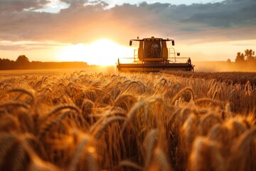 Seasonal wheat harvest by combine, concept of agricultural business, eco products
