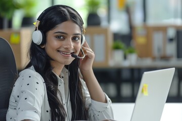 Wall Mural - A woman is seated in front of a laptop computer, wearing headphones, appearing engaged in an activity