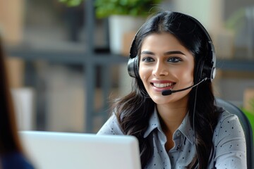 Wall Mural - A woman is sitting in front of a laptop computer, wearing a headset and seemingly engaged in work or a video call