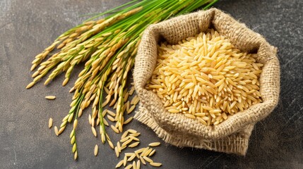   A sack of rice sits next to a bundle of green grass on a black surface Two stalks of grass are in the foreground