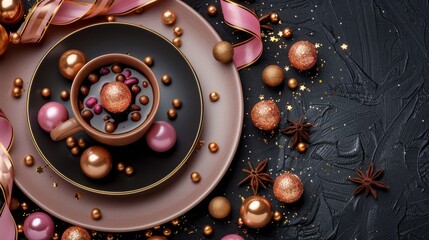 Wall Mural -   A black plate holds a mug of hot chocolate, accompanied by pink and golden balls, and star anise decorations