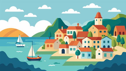 Wall Mural - A peaceful seaside town nestled against the tranquil sea with quaint houses and a bustling harbor.. Vector illustration