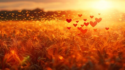   A field swarmed with red hearts aloft against a backdrop of towering grasses Sunset cast the scene with golden light