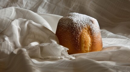 Wall Mural -   A powdered pastry rests atop a white cloth-covered tablecloth on a white tablecloth
