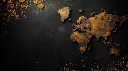 Wall Mural -   A world map on black background, adorned with golden paint splatters