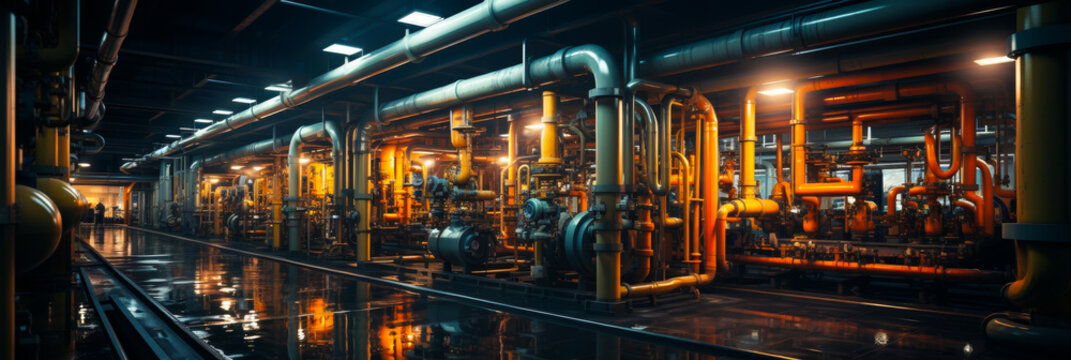 Complex Piping Networks - Industrial Plant Facility Maintenance and Management - Factory Equipment Systems, Blue Collar Workers