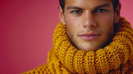   A man in a yellow scarf gazes intently into the camera