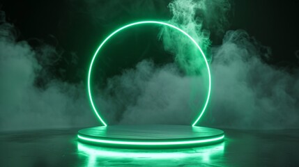 Sticker - 3D podium with neon frame and clouds of smoke. Green pedestal with a circle glow of a laser border on a dark background. Futuristic platform in empty space.