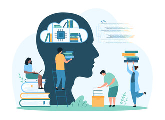 Wall Mural - digital library with ai, data file storage service. tiny people training with virtual help of intell