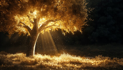 Wall Mural - a tree with golden leaves is lit up in the dark by ai generated image