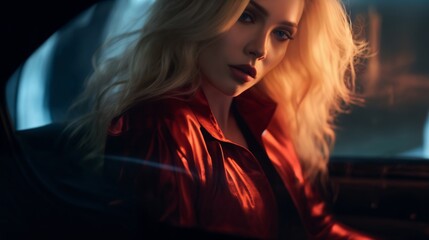 Wall Mural - portrait of a girl sitting in a car, against the background of the night streets of a modern city, with lights and glow