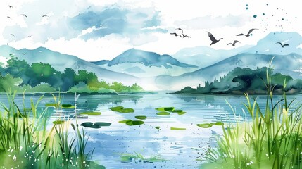 Cute watercolor of nature portraying a serene lake scene in Japan draw art styles, clipart kawaii watercolor on white background