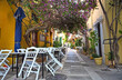 Morning in the narrow streets of Nafplion town with Bougainvillea flowers