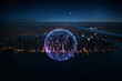 © soleg - energy sphere in front of the night mega city , aerial view