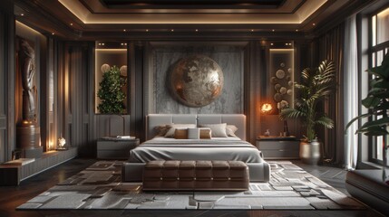 Detailed 3D illustration of a luxurious Bauhaus bedroom with a large metal sculpture, wooden art installations, and mood lighting that enhances the artistic decor.