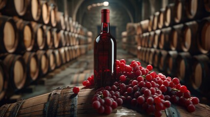 Wall Mural - Red wine bottle mock up on on top of an old barrel, rows of barrels inside a winery or castle-like building, copy space and place for logo..