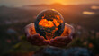 Internationaler Tag der Vergebung am 07. Juli Erde Weltkugel in Händen gehalten nach vorn gestreckt leuchtend goldener Schimmer und Glitzer um die Erde Generative AI