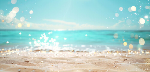 Wall Mural - Warm beach sands under a light blue sky, tranquil with twinkling lights.