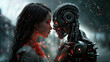 Human and robot sharing a tender moment in a futuristic setting