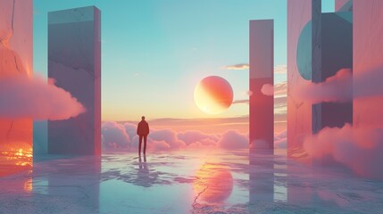 Wall Mural - Dreamscape with Mirrors and Sunset. A person stands amidst surreal giant mirrors reflecting clouds and a sunset, creating a dreamlike atmosphere.