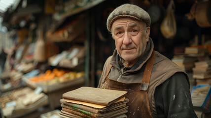 An elderly bookseller at a market stand.