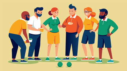 A bocce team discussing their performance and strategizing during a quick water break.. Vector illustration