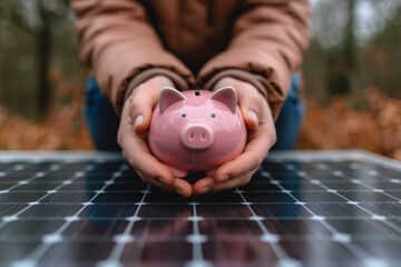 In the serene outdoors, hands cradle a pink piggy bank on a solar panel, emphasizing saving with sustainable tech