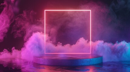 Wall Mural - 3D podium with smoke and square frame. Circle pink pedestal with clouds. Platform with LED border. Mockup of a scene in an empty studio room.