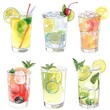 Watercolor of drink portraying an array of summer cocktails in Japan draw art styles, Simple detail clipart cute watercolor on white background