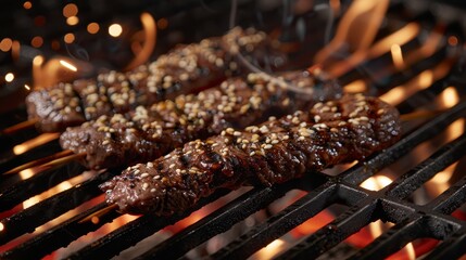 Wall Mural -   Several skewers of food cook on a BBQ grill with lit candles in the background