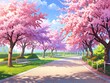 a park scene with blooming cherry trees and a city skyline in the background. The trees are in shades of brown and pink, and the flowers are pink. The sky is blue with white clouds. There are two benc