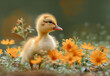 Cute little yellow duckling and orange cosmos flowers in the garden