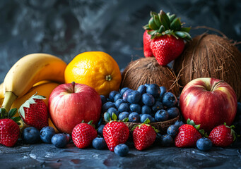 Wall Mural - Fresh fruits and berries on dark background selective focus