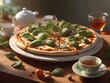 A pizza with basil leaves on it, sitting on a table with a cup of tea and a teapot.