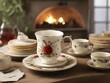 A table with a fireplace in the background, set with fine china including cups and saucers.