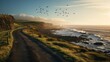 Roman road in coastal region with crashing waves and seagulls overhead
