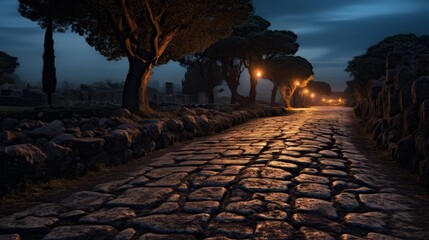 Canvas Print - Roman road at twilight lit by flickering torches for travelers