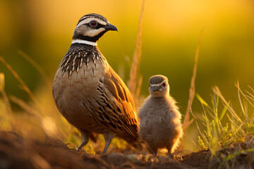 Wall Mural - a close up of Quail bird mom and son on natural background