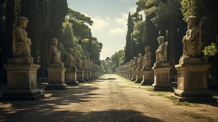 Wall Mural - Roman road bordered by towering statues of mythical creatures protecting the path