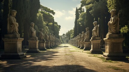 Poster - Roman road bordered by towering statues of mythical creatures protecting the path