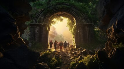 Wall Mural - Roman road morphed into a magical portal with travelers appearing